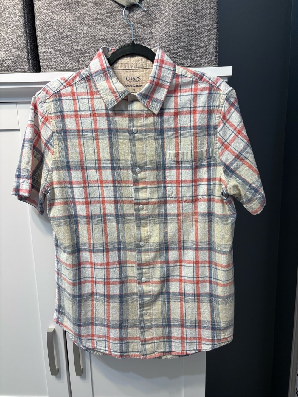 Chaps Men’s Short-Sleeve Seacoast Wash Plaid Button-Down Shirt Size M VGC